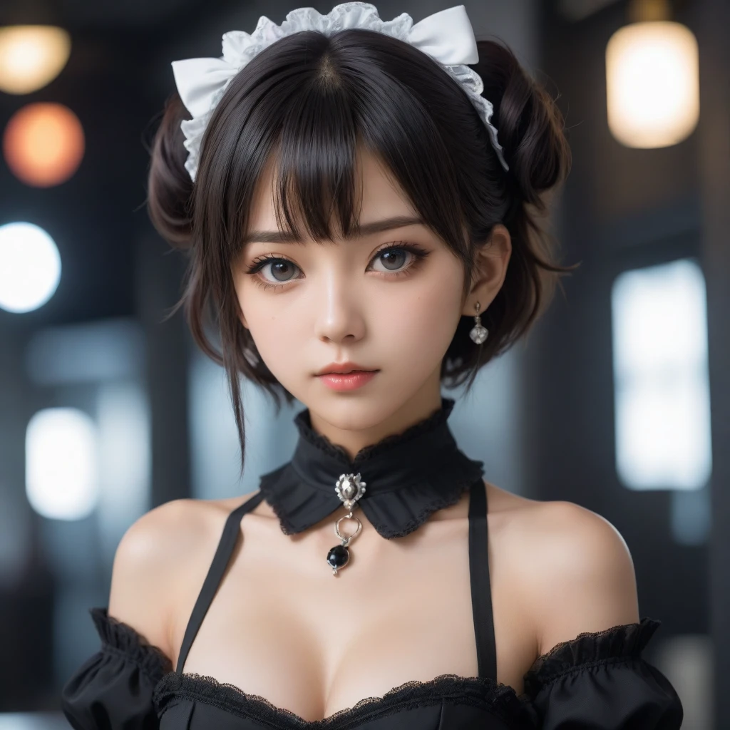 8k, Ultra-high resolution, Highest quality, masterpiece, 三分割法によるphotograph,Surreal, photograph, 1 Girl, (************:1.3), pretty girl, Cute Face, Beautiful eyes in every detail, 細かくdetailedに,masterpiece,One Girl:1.2,Japanese female announcer,extream close up,Serious expression,Black short hair,Messy hair,Maid Android,((Fusion of Gothic ****ta and ****ta fashion:1.3)),bracelet, chest, choker, clavicle, Earrings,Futuristic cityscape ,Perfect and beautiful face ,完璧でCute Face, Skin with attention to detail, Perfect limbs、Narrow waist,Looking at the audience,(((Ideal body type))),Aカップの小さなchest :2,Portraiture:2,Perfect Anatomy,鮮明なdetailed,detailed,Surreal,Light and shadow,spotlight