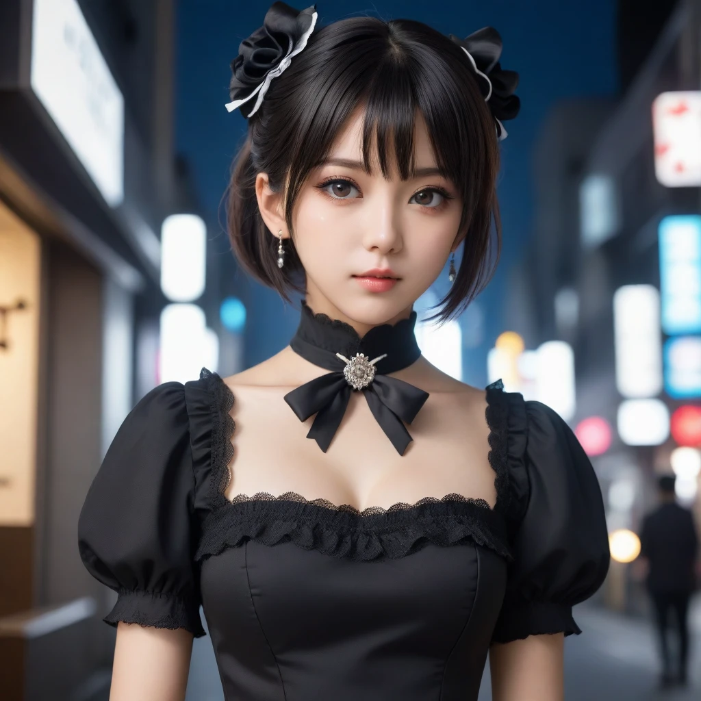 8k, Ultra-high resolution, Highest quality, masterpiece, 三分割法によるphotograph,Surreal, photograph, 1 Girl, (:1.3), pretty girl, Cute Face, Beautiful eyes in every detail, 細かくdetailedに,masterpiece,One Girl:1.2,Japanese female announcer,extream close up,Serious expression,Black short hair,Messy hair,Maid Android,((Fusion of Gothic Lolita and La fashion:1,bracelet, chest, choker, clavicle, Earrings,Futuristic cityscape ,Perfect and beautiful face ,完璧でCute Face, Skin with attention to detail, Perfect limbs、Narrow waist,Looking at the audience,(((Ideal body type))),Aカップの小さなchest :2,Portraiture:2,Perfect Anatomy,鮮明なdetailed,detailed,Surreal,Light and shadow,spotlight