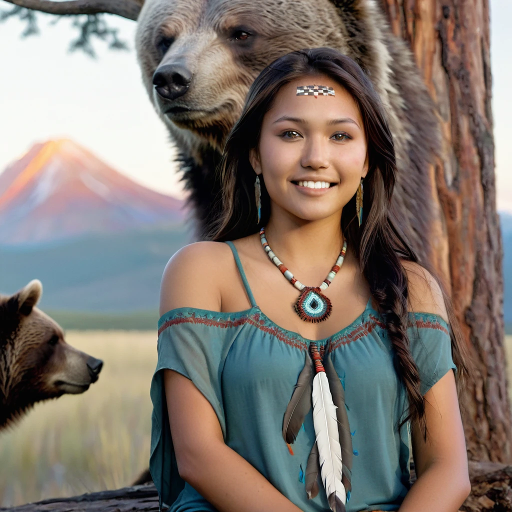 (grainy:0.5), cinematic, beautiful girls 25 year old native american,fantasy,(solo:1.3), detailed eyes, detailed face, detailed native american sexy clothing, volumetric lighting, dusk, extremely detailed background, standing next to tree and mountain, smiling, half closed brown eyes, tilted head, from side, sitting next to her Grizzly Bear