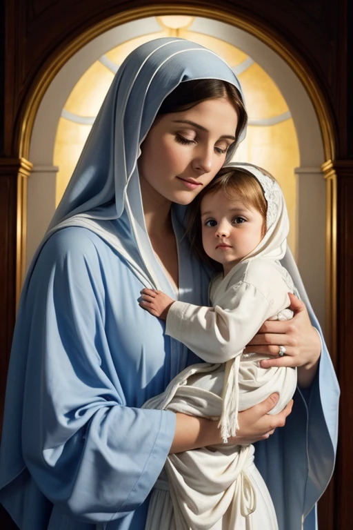 image of Mary cradling the Jesus. She is dressed in a plain blue and white robe,to her feet, and a light veil covers her hair.. heavenly background. Both have full intricate halos