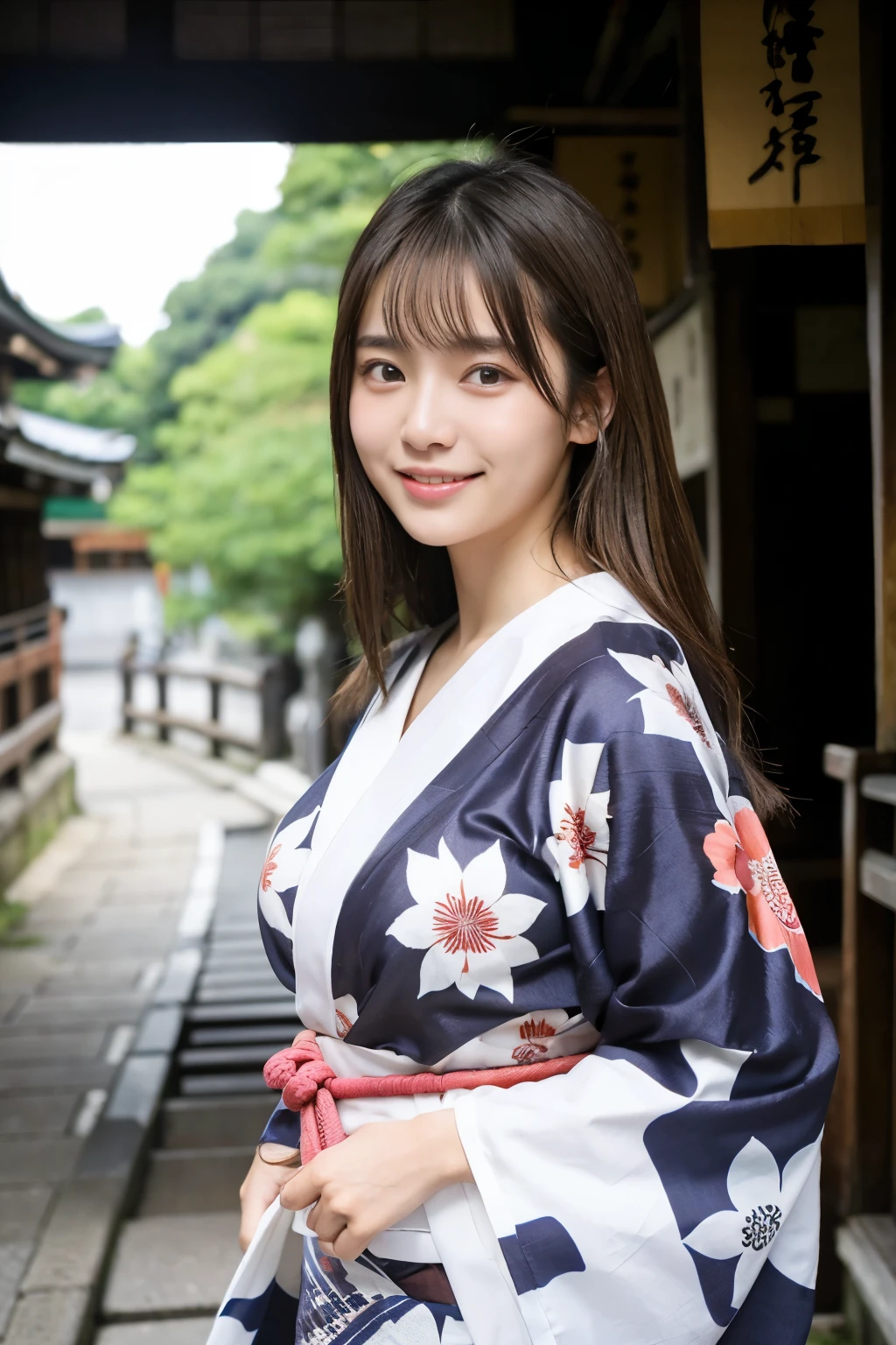 Highest quality、超A high resolution、(Photorealistic:1.5)、1 girl、(Brown Hair:1.2)、(Big Breasts:1.2)、Whole Body Ezbian、smile、Bad Eyes、(Girl in yukata with hair swaying in the wind :1.3)、Perfect dynamic composition, Beautiful attention to detail, Medium Hair, Natural color lip, smile, Kyoto Street Walk、20-year-old girl, Beautiful woman, Japanese patterned yukata