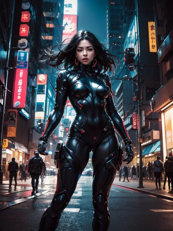 ((Awesome masterpiece anime illustration.)), ((Extremely delicate and beautiful cyber girl)), ((Very detailed and exposed face)), ((Mechanical member, )), (tube connections that join the neck:1.2), ((mass of wires and cables in the body)), ((wearing showy Harajuku tech jacket with logo)), (dynamic pose), (((bare lower body))), (naked)3.0, (crotch is visible)3.0, open genital, (dark hair on crotch)4.0, (bush pubic hair)6.0 , (bush hair at pussy)4.0,,, , (((best qarity))), ((ultra detaild)), (Highly detailed photorealistic CG illustration), cinematic lighting, Science fiction, Extremely detailled,showy,higher detail, (((cyberpunk city background, (Rewarded accommodation), Harajuku District))), NSFW Black Fantasy World、Contrast that makes black visible even in the dark、Highest quality、masterpiece、8k、Photorealistic、Beautiful woman、Realistic Skin、Gantzスーツがアクティブ、Gantz、On a deserted city road late at night、There are lots of neon signs in the background、Rubber suit that fits her voluptuous body、Combat Stance Pose、Holding a futuristic gun-like weapon、