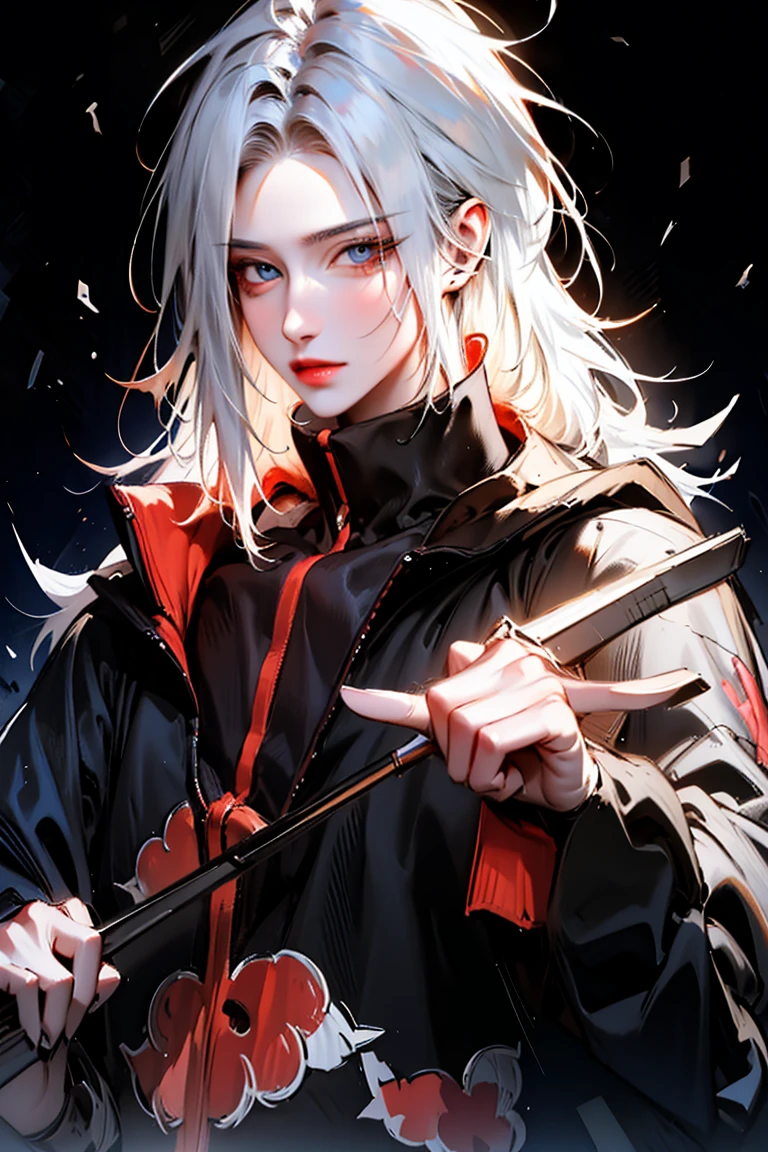 masterpiece, best quality, ultra-high-detailed, white hair, light blue eyes, looking to viewer, black background, upper shoulder , manghwa style, age 25, holding a sword,
