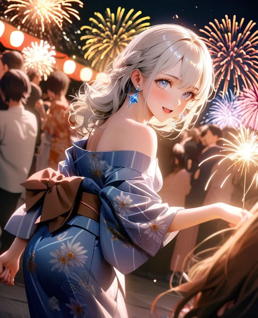8K,gal，an extremely delicate and beautiful,Beautiful and realistic skin,Shiny jewel-like earrings,Shine like glitter long white hair,beautiful eyes,Bon dance,yukata,fireworks