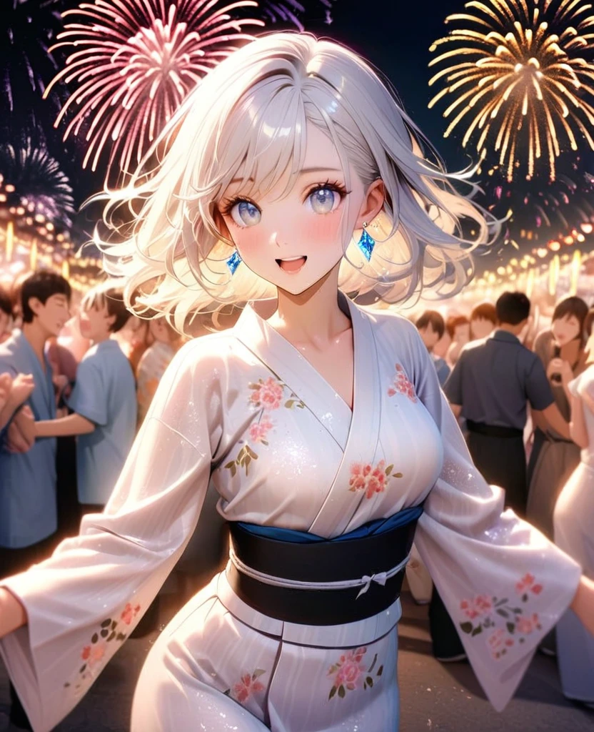 8K,gal,an extremely delicate and beautiful,Beautiful and realistic skin,Shiny jewel-like earrings,Shine like glitter long white hair,beautiful eyes,Bon dance,yukata,fireworks