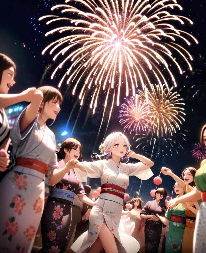8K,gal,an extremely delicate and beautiful,Beautiful and realistic skin,Shiny jewel-like earrings,Shine like glitter long white hair,beautiful eyes,Bon dance,yukata,fireworks