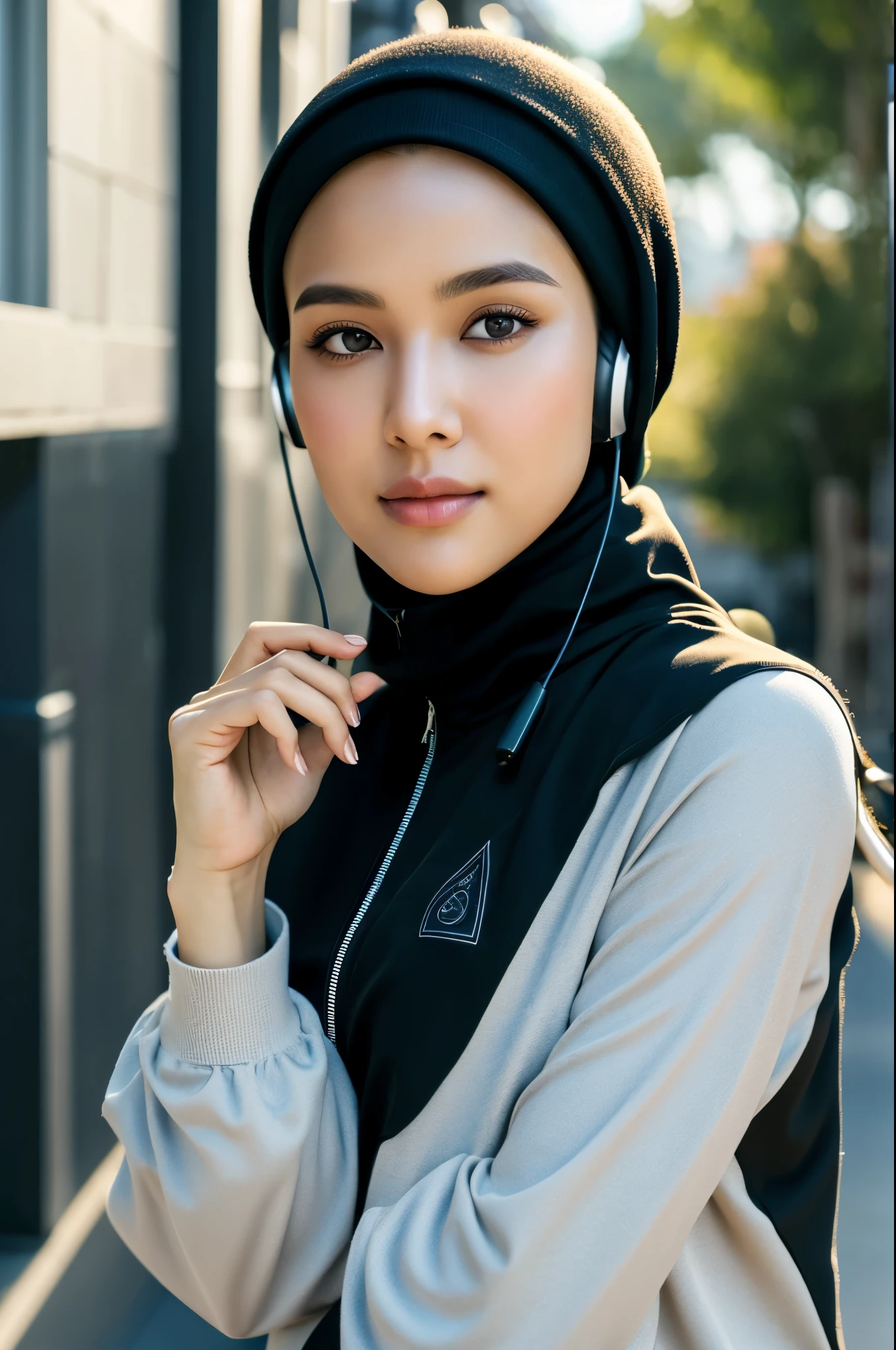 A beautiful Indonesian woman with a black sporty hijab and wearing a black sports jacket walking on a quiet street. smooth white skin, Gorgeous symmetrical face, gorgeous slim body, natural makeup, afternoon, and wearing headphones. Eye details, face details, hand details, finger details, ultra HD, 8k resolution. Symmetrical Composition, Portrait Viewpoint, Pensive Emotion, Soft Illumination Lighting, Photoreal Style, Octane Render, Photography Medium.