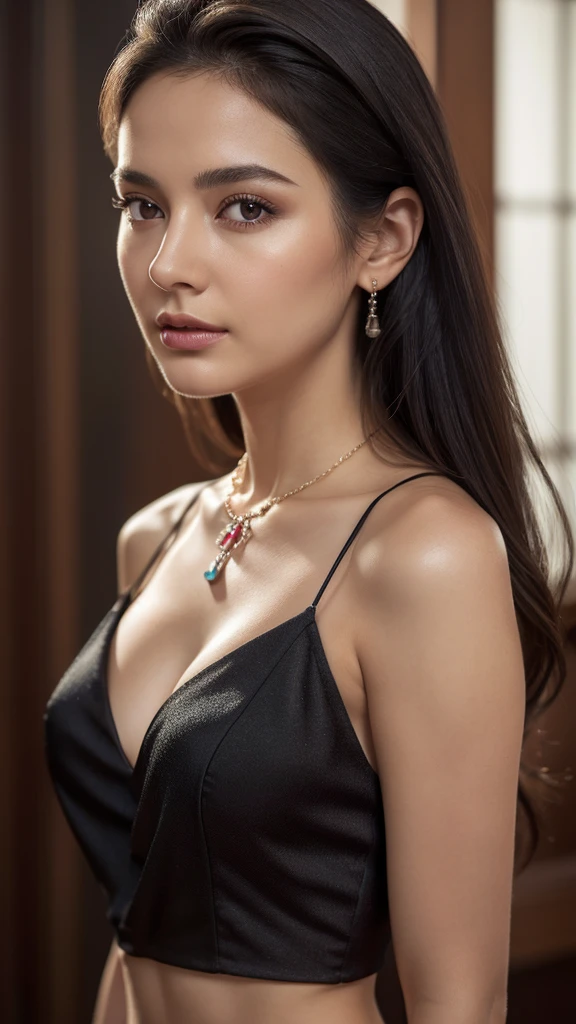 (realistic, photo-realistic:1.4), (masterpiece, best quality:1.2), RAW photo, high resolution, intricate details, extremely detailed, realistic and sharp details, cinematic lighting, portrait, (whole body,) midriff:1.5), frontal photography, solo, 1girl, a beautiful woman, dark hair, (detailed face, beautiful detailed eyes, sophisticated nose, early thirties), pale skin, collarbone, necklace, jewelry, (black dress), photo background, indoors,