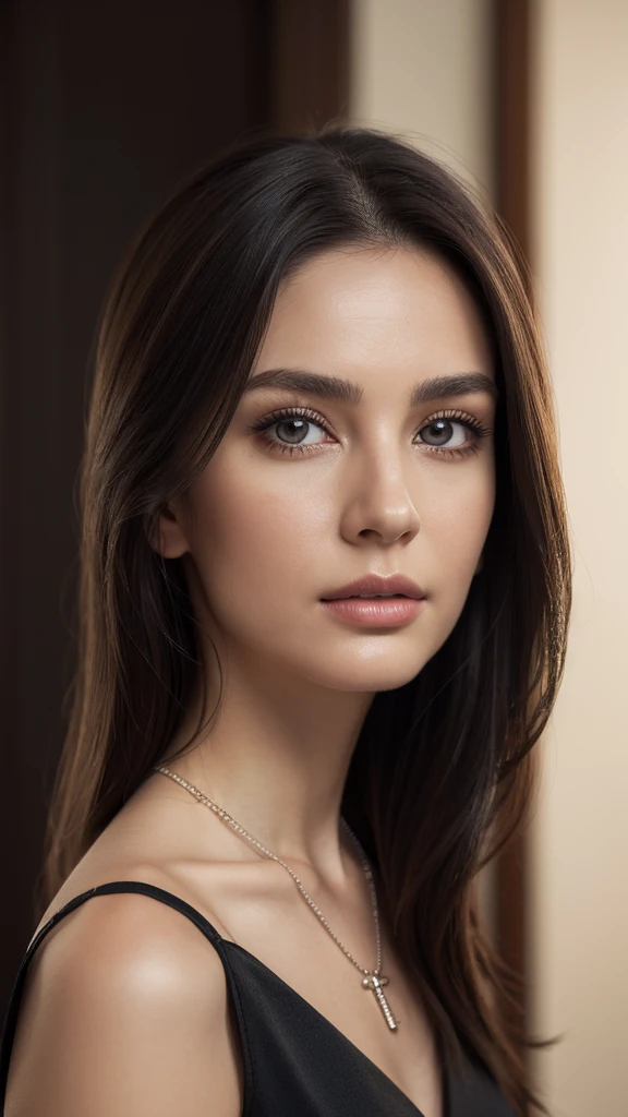 (realistic, photo-realistic:1.4), (masterpiece, best quality:1.2), RAW photo, high resolution, intricate details, extremely detailed, realistic and sharp details, cinematic lighting, portrait, (whole body,) midriff:1.5), frontal photography, solo, 1girl, a beautiful woman, dark hair, (detailed face, beautiful detailed eyes, sophisticated nose, early thirties), pale skin, collarbone, necklace, jewelry, (black dress), photo background, indoors,
