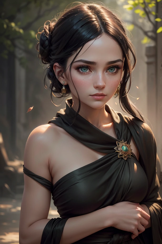 a woman with piercing green eyes, long black hair tied into a bun, wearing a strapless midi dress, a red scarf around her neck, and flowing arm sleeves, (best quality,4k,8k,highres,masterpiece:1.2),ultra-detailed,(realistic,photorealistic,photo-realistic:1.37),delicate facial features, beautiful detailed eyes, beautiful detailed lips, extremely detailed eyes and face, long eyelashes, serene expression, elegant pose, dramatic lighting, vibrant colors, muted color palette, ethereal atmosphere, cinematic, intricate details, oil painting, seamless blending, dramatic lighting