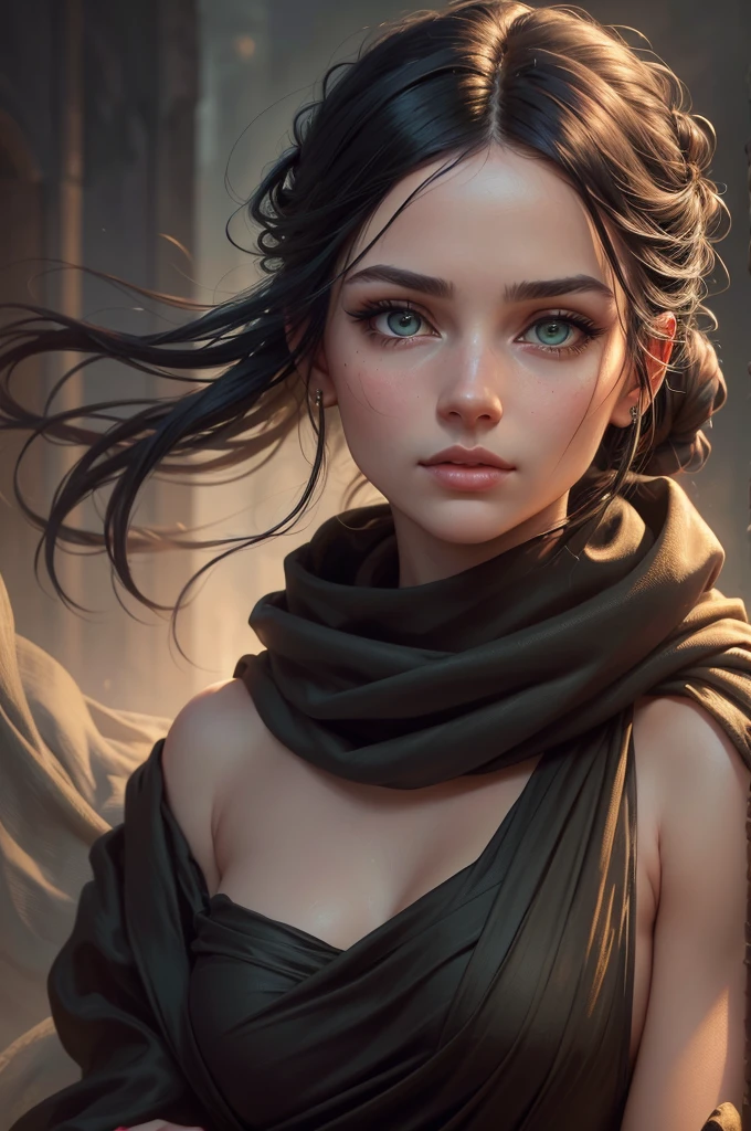 a woman with piercing green eyes, long black hair tied into a bun, wearing a strapless midi dress, a red scarf around her neck, and flowing arm sleeves, (best quality,4k,8k,highres,masterpiece:1.2),ultra-detailed,(realistic,photorealistic,photo-realistic:1.37),delicate facial features, beautiful detailed eyes, beautiful detailed lips, extremely detailed eyes and face, long eyelashes, serene expression, elegant pose, dramatic lighting, vibrant colors, muted color palette, ethereal atmosphere, cinematic, intricate details, oil painting, seamless blending, dramatic lighting
