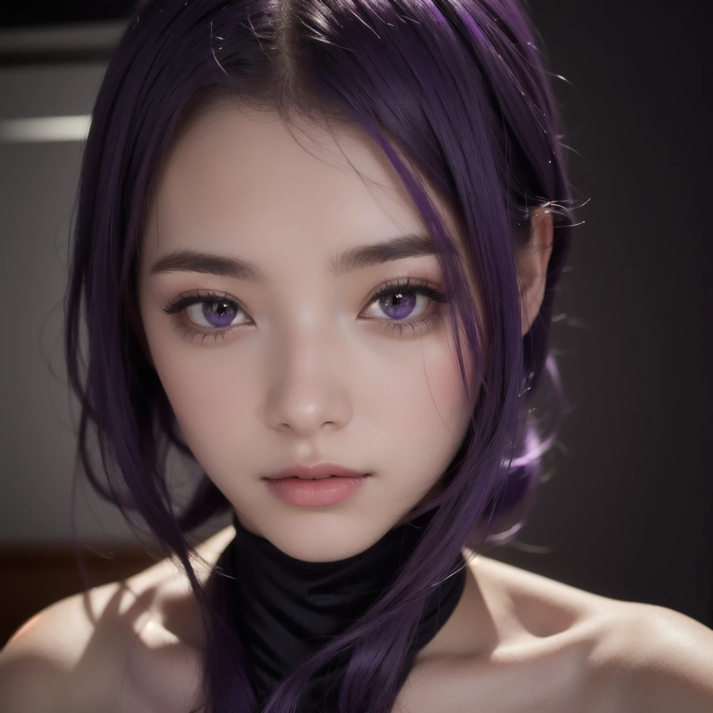 beautiful girl with purple hair in a room, beautiful visual of a young woman, pruple beautiful pupils in her eyes, as an beautiful character, beautiful character, realistic