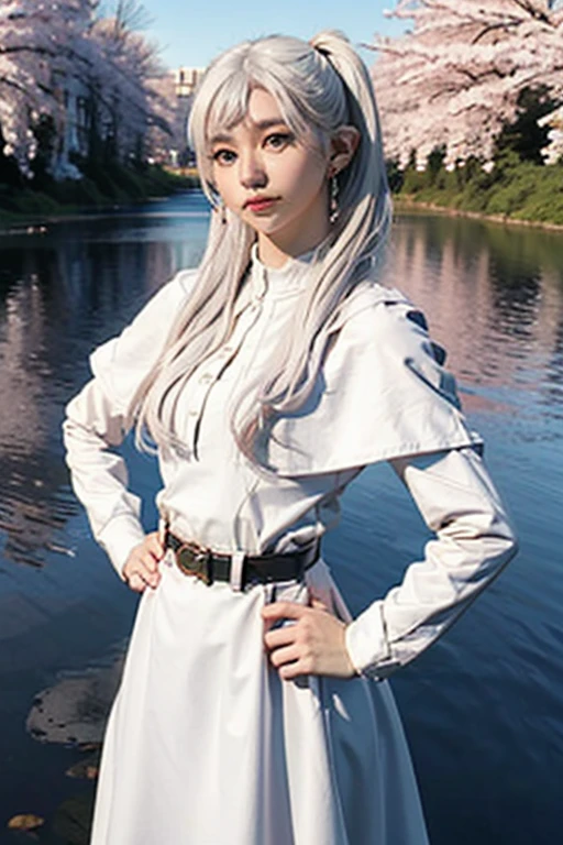 (maximum quality image, masterpiece), detailed landscape,(((white hair))), detailed beautiful green eyes,  tranquil lake (reflecting the vibrant sky at dusk),nuances of colors,quiet, frieren, 1girl, long hair, pointy ears, twintails, jewelry, elf, earrings, capelet, white capelet, long sleeves, parted bangs, dress, belt, flower, small breasts, wide hips, from below, hands behind hips