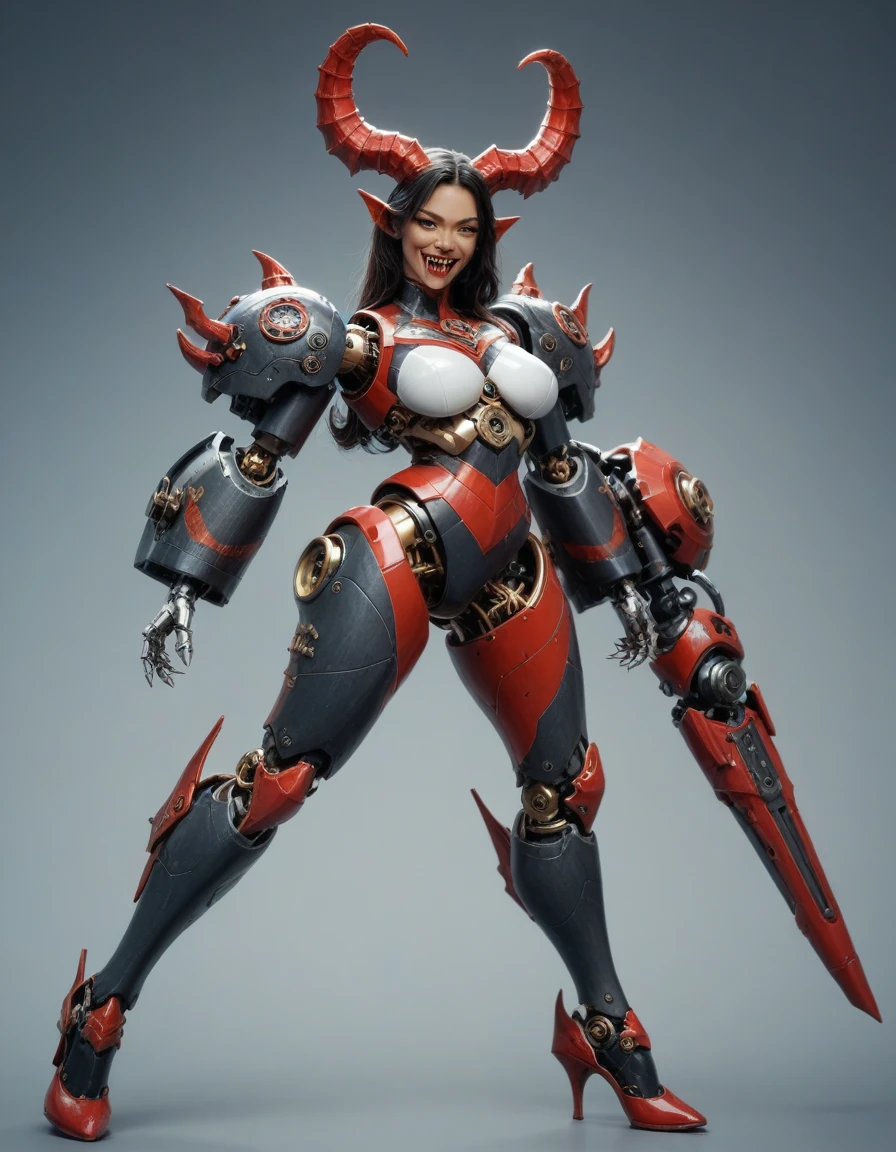 score_9, score_8_superior, score_7_superior,Mechanical demon woman、Detailed robot arm、Detailed robot leg、Detailed mechanical body、Detailed gears、Wolf-like Fangs、Bull-like horns、Large bat-like wings、Devil's Tail、Red glowing eyes、Black thin dress、Elaborate and detailed faces、Ideal body type、Big Breasts、Tiny and detailed waist、The background is an old Gothic castle surrounded by a moonlit forest.、mecha、DonMSt34mPXL、Cowboy Shot、