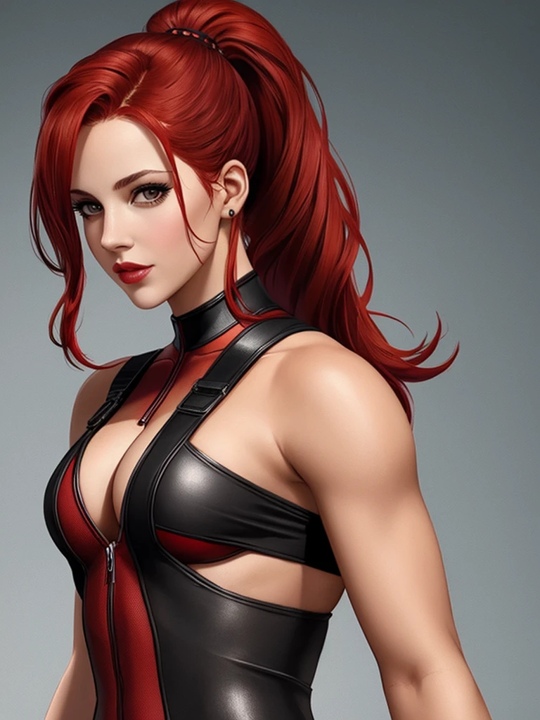 woman,  An open face, impeccably beautiful woman, Deadpool woman, impeccable appearance, Flawless anatomy, Flawless anatomy рук, Red hair, ponytail hairstyle, ponytail hairstyle, woman&#39;s appearance, Deadpool clothing style, Marvel, Marvel Deadpool Woman, masterpiece, Sakimichan art style, drawing art Sakimichan, --style scenic, 