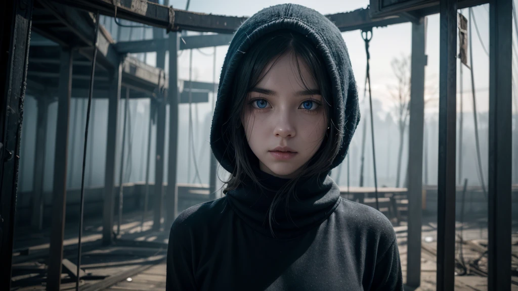 One woman, approximately 25 years old, in loose, lightweight black clothing, wearing a prominently visible balaclava, hanging by one hand from a rusted metal structure. She has striking blue eyes, adding to the eerie atmosphere. The background is randomly generated, adding an unpredictable element to the scene, with a sense of mystery and solitude. The woman's face and other visible parts of her body are rendered with maximum detail and high quality. The image evokes a suspenseful mood, with a close-up shot, shallow depth of field, and soft, diffused lighting. Dark atmosphere, with an element of randomness in the environment.