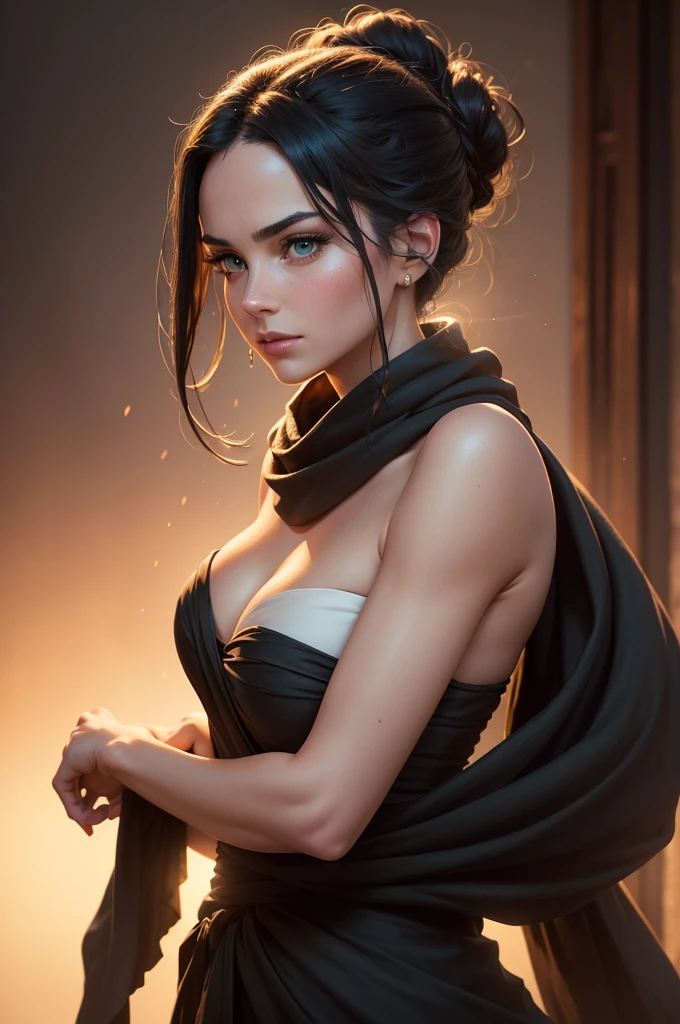 a beautiful woman with green eyes, long black hair tied in a bun, wearing a strapless midi dress, a red scarf around her neck, and flowing arm sleeves, (best quality,4k,8k,highres,masterpiece:1.2),ultra-detailed,(realistic,photorealistic,photo-realistic:1.37),intricate details,chiaroscuro lighting,cinematic composition,elegant,graceful pose,dramatic lighting,warm colors,vibrant colors