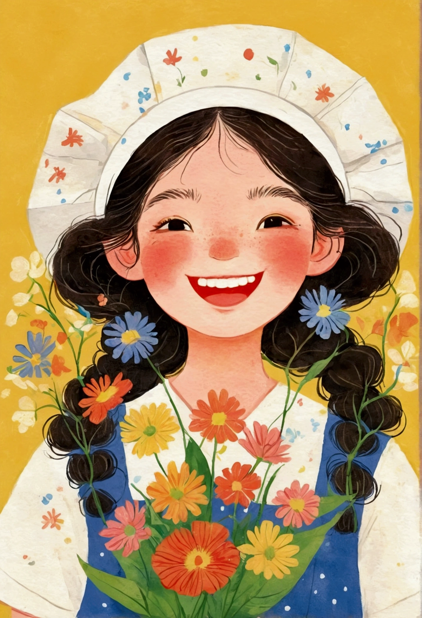 Portrait of a girl holding flowers，Laugh out loud，teeth， Folk Art, cute illustrations, Samada, Japanese illustrator,Lots of flowers, a beautiful artwork illustrations,Print!, beautiful digital illustrations, Nurses' Day，Nurse hat
