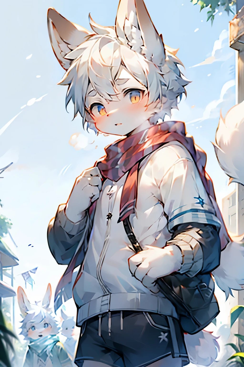Arctic Hare Boy,Rabbit ears,Furry boys,Baby characteristics,Beast Features,White Arm,White hair,scarf,shorts,Outdoor bright snowy background