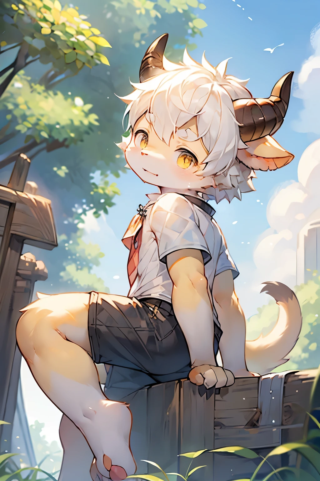 Cow Boy，Horns，Furry boys，Baby characteristics，Yellow skin，White Arm，White hair，Short sleeve，shorts，Outdoor bright background