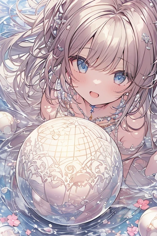  (masterpiece), (Highest quality), (Very detailed),(Messy Hair),(shape), (1 girl), (garteners)Fine and beautiful eyes,Delicate and beautiful face,floating,(High saturation),(Pearl Accessories),Pearl Ball Bubble,(The Shining),Focus on the face, Sit on a pearl ball, (((Panty shot)))