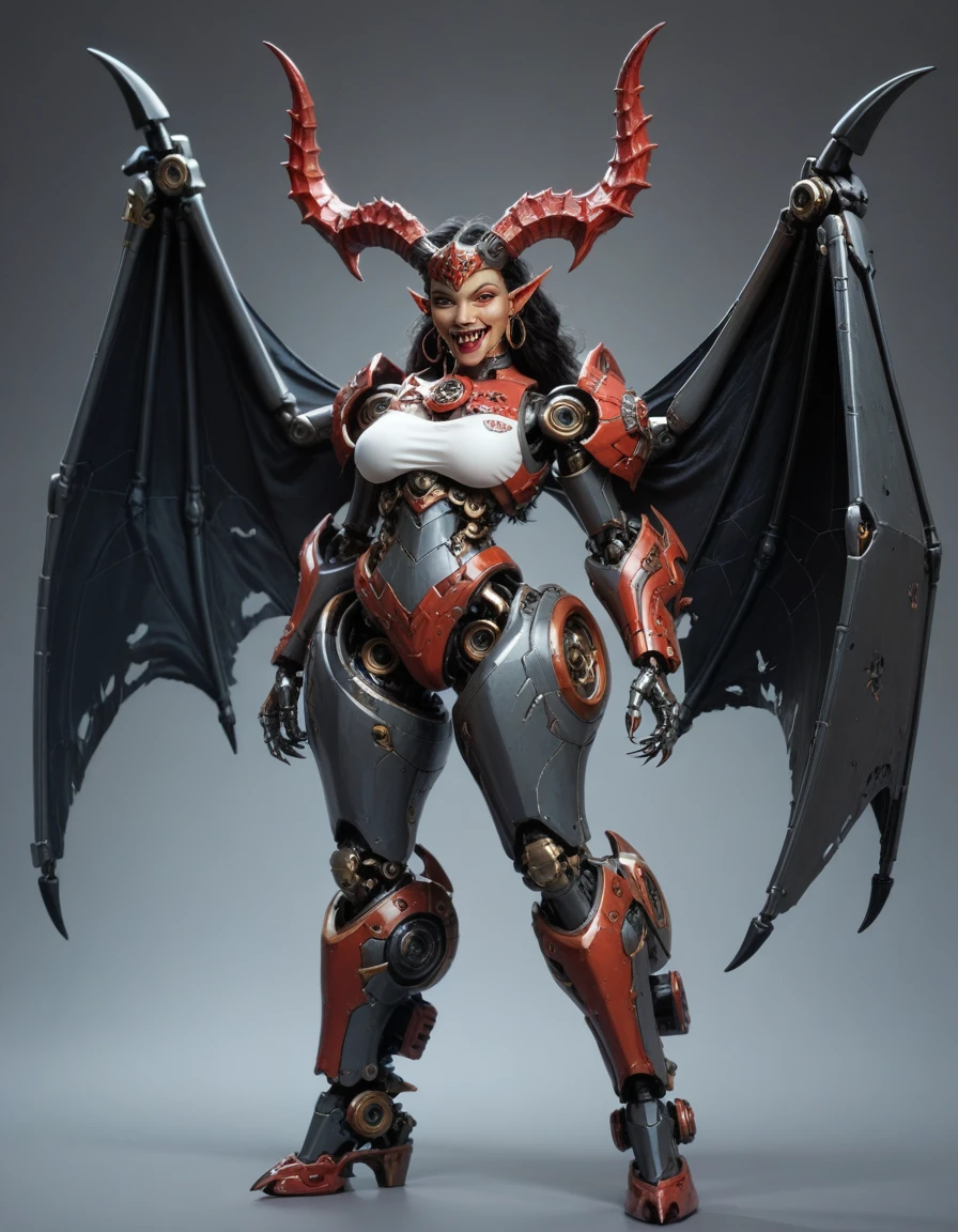 score_9, score_8_superior, score_7_superior,Mechanical demon woman、Detailed robot arm、Detailed robot leg、Detailed mechanical body、Detailed gears、Wolf-like Fangs、Bull-like horns、Large bat-like wings、Devil's Tail、Red glowing eyes、Black thin dress、Elaborate and detailed faces、Ideal body type、Big Breasts、Tiny and detailed waist、(The background is an old Gothic castle surrounded by a moonlit forest.)、mecha、DonMSt34mPXL、(Cowboy Shot)、