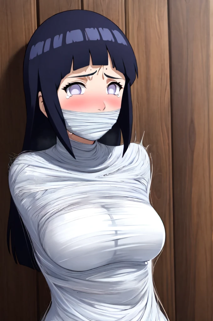 masterpiece, best quality, 1girl, solo, looking at viewer, hinata\(shippuden\), length hair, messy hair,hair detailed, large breasts , breasts out, (arms behind back:1.4), hanging,spiders in the web,long spider, Hinata, desperate,mouth gagged, silk gagged, struggle, entangled, scared face, crying, tears, despair,cocoon, blushing face,