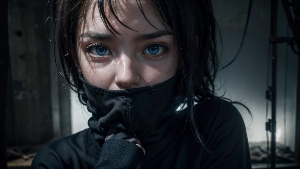 One woman, approximately 25 years old, in loose, lightweight black clothing, wearing a prominently visible balaclava, hanging by one hand from a rusted metal structure. She has striking blue eyes, adding to the eerie atmosphere. The background is randomly generated, adding an unpredictable element to the scene, with a sense of mystery and solitude. The woman's face and other visible parts of her body are rendered with maximum detail and high quality. The image evokes a suspenseful mood, with a close-up shot, shallow depth of field, and soft, diffused lighting. Dark atmosphere, with an element of randomness in the environment.