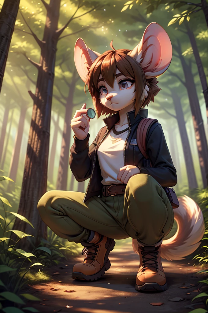 **Prompt:** A beautiful, (masterpiece), high quality, perfect lighting, highly detailed CG Unity 8k wallpaper, high resolution, perfect lighting, youthful, adolescent, tall, slim, skinny, frail slender figure, slim legs, distinctly feminine figure, narrow hips, long legs, close-up shot of a unique female mouse character. She has soft, velvety grey fur with a subtle gradient to white around her muzzle and inner ears, giving her a gentle and delicate appearance. Her hair is a rich chestnut brown, styled in a messy bun with a few loose strands framing her face. Her eyes are a deep, sapphire blue, wide and inquisitive.

She is dressed in a practical yet stylish outfit: a fitted, sleeveless utility vest in olive green with multiple pockets, over a light grey, long-sleeved shirt rolled up to her elbows. She pairs this with slim cargo pants and sturdy hiking boots. Her accessories include a pair of small hoop earrings, a leather utility belt with various pouches, and a pair of fingerless gloves. She is carrying a small magnifying glass and a notepad, indicating her interest in exploration or research.

The character is posed in an active, engaged moment, crouching down on one knee to inspect a tiny flower through her magnifying glass. Her face is the focal point, filled with curiosity and concentration, with a slight, focused frown as she examines the delicate details of the flower. The background is a softly blurred forest floor, with hints of fallen leaves and small plants, enhancing the sense of an intimate and thoughtful interaction with nature. The lighting is dappled, as if filtered through a canopy of trees, casting a warm, natural glow over the scene.