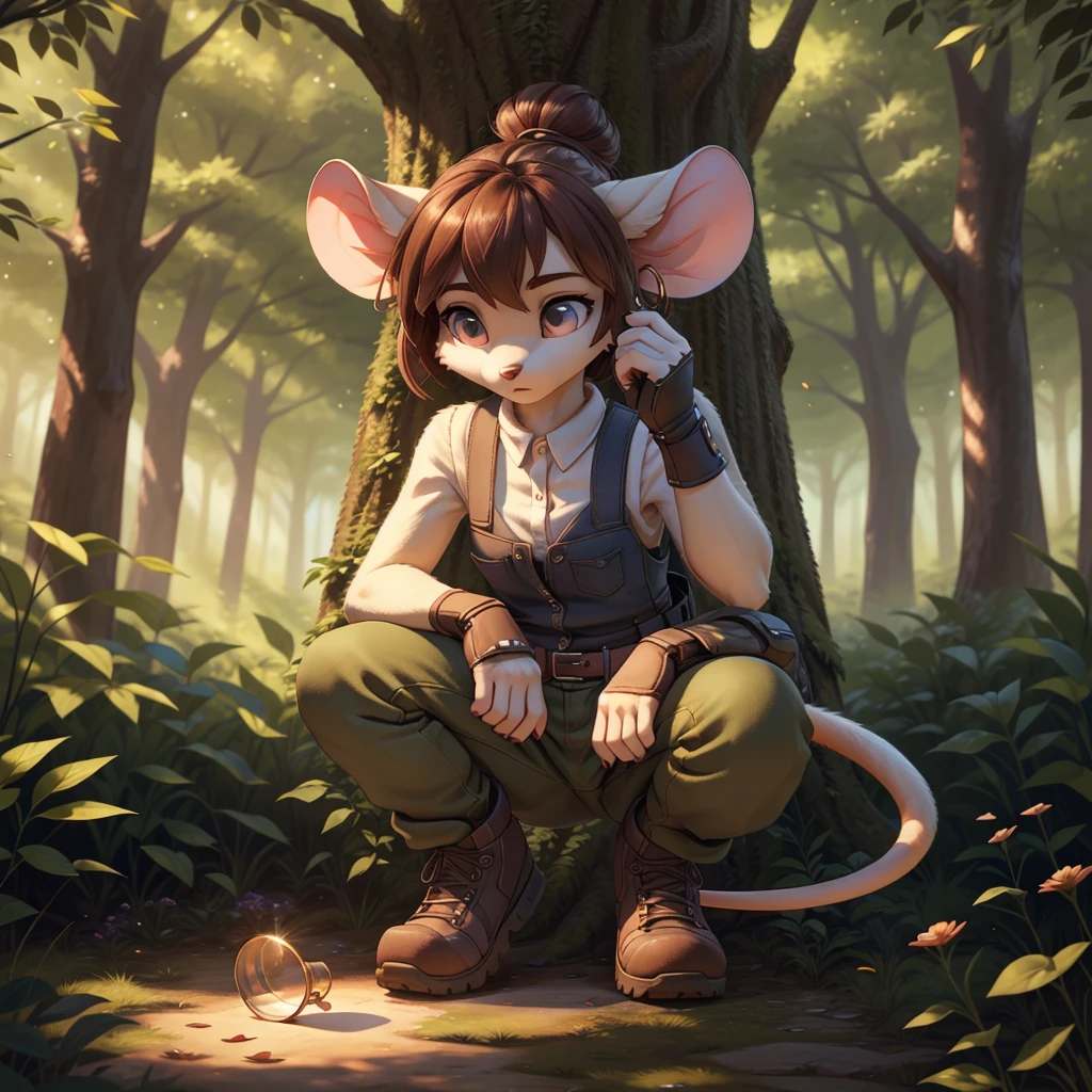 **Prompt:** A beautiful, (masterpiece), high quality, perfect lighting, highly detailed CG Unity 8k wallpaper, high resolution, perfect lighting, youthful, adolescent, tall, slim, skinny, frail slender figure, slim legs, distinctly feminine figure, narrow hips, long legs, close-up shot of a unique female mouse character. She has soft, velvety grey fur with a subtle gradient to white around her muzzle and inner ears, giving her a gentle and delicate appearance. Her hair is a rich chestnut brown, styled in a messy bun with a few loose strands framing her face. Her eyes are a deep, sapphire blue, wide and inquisitive.
She is dressed in a practical yet stylish outfit: a fitted, sleeveless utility vest in olive green with multiple pockets, over a light grey, long-sleeved shirt rolled up to her elbows. She pairs this with slim cargo pants and sturdy hiking boots. Her accessories include a pair of small hoop earrings, a leather utility belt with various pouches, and a pair of fingerless gloves. She is carrying a small magnifying glass and a notepad, indicating her interest in exploration or research.
The character is posed in an active, engaged moment, crouching down on one knee to inspect a tiny flower through her magnifying glass. Her face is the focal point, filled with curiosity and concentration, with a slight, focused frown as she examines the delicate details of the flower. The background is a softly blurred forest floor, with hints of fallen leaves and small plants, enhancing the sense of an intimate and thoughtful interaction with nature. The lighting is dappled, as if filtered through a canopy of trees, casting a warm, natural glow over the scene.
