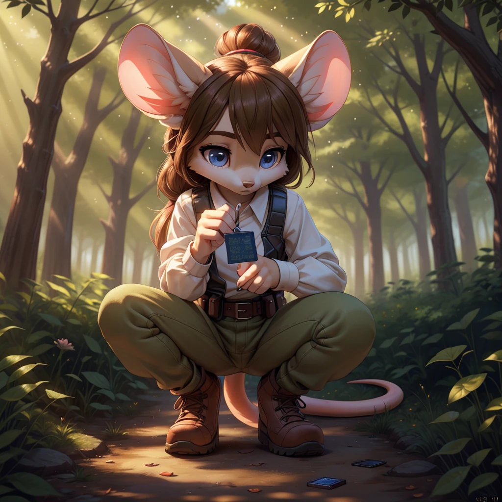 **Prompt:** A beautiful, (masterpiece), high quality, perfect lighting, highly detailed CG Unity 8k wallpaper, high resolution, perfect lighting, youthful, adolescent, tall, slim, skinny, frail slender figure, slim legs, distinctly feminine figure, narrow hips, long legs, close-up shot of a unique female mouse character. She has soft, velvety grey fur with a subtle gradient to white around her muzzle and inner ears, giving her a gentle and delicate appearance. Her hair is a rich chestnut brown, styled in a messy bun with a few loose strands framing her face. Her eyes are a deep, sapphire blue, wide and inquisitive.
She is dressed in a practical yet stylish outfit: a fitted, sleeveless utility vest in olive green with multiple pockets, over a light grey, long-sleeved shirt rolled up to her elbows. She pairs this with slim cargo pants and sturdy hiking boots. Her accessories include a pair of small hoop earrings, a leather utility belt with various pouches, and a pair of fingerless gloves. She is carrying a small magnifying glass and a notepad, indicating her interest in exploration or research.
The character is posed in an active, engaged moment, crouching down on one knee to inspect a tiny flower through her magnifying glass. Her face is the focal point, filled with curiosity and concentration, with a slight, focused frown as she examines the delicate details of the flower. The background is a softly blurred forest floor, with hints of fallen leaves and small plants, enhancing the sense of an intimate and thoughtful interaction with nature. The lighting is dappled, as if filtered through a canopy of trees, casting a warm, natural glow over the scene.