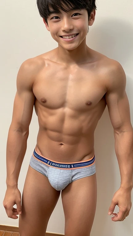 Japanese men、、Muscles and smooth skin、Very short black hair、A relaxed and friendly smile、Orange thin boxer briefs、The whole body is well visible、