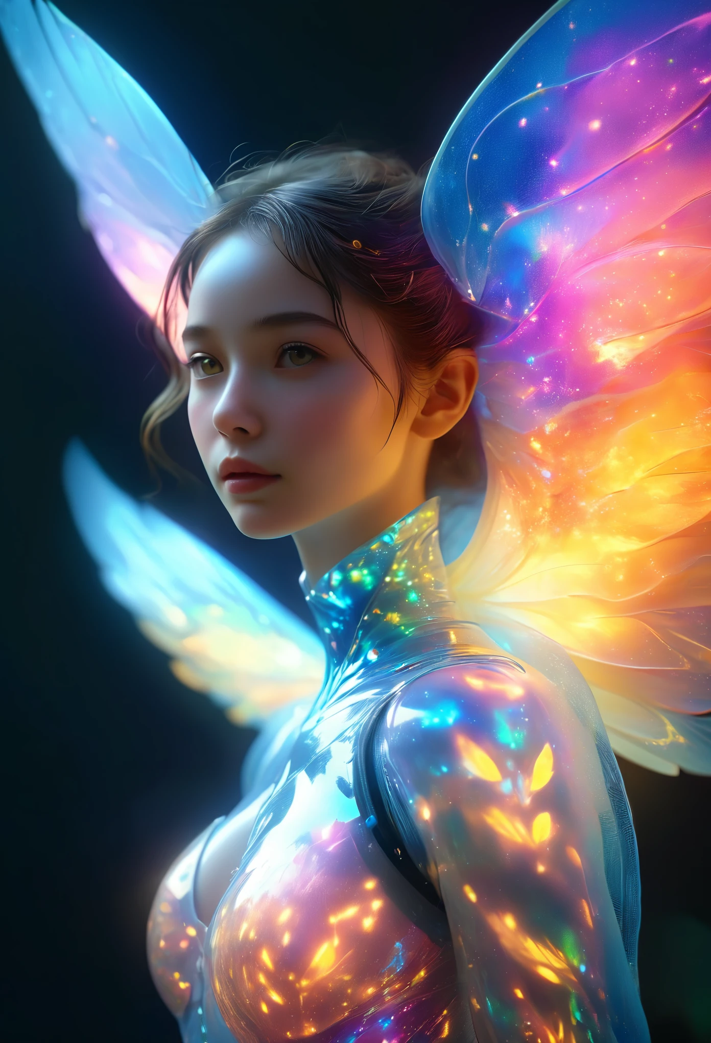 beautiful alien woman emerging from a cocoon, detailed beautiful face like cute girl and body, from back, (glowing eyes, glowing skin:1.5), intricate organic details, translucent wings, symmetrical face, ethereal lighting, cinematic, vibrant colors, digital art, highly detailed, 8k, photorealistic, whole body, Floating in the air