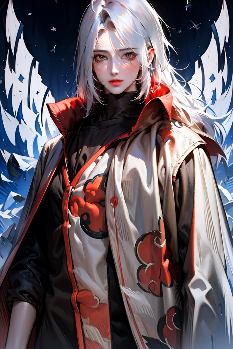 masterpiece, best quality, ultra-high-detailed, smooth and silky hair white hair, light silver eyes, looking to viewer,  lake on background, upper shoulder , manghwa style, age 17, holding a sword, 