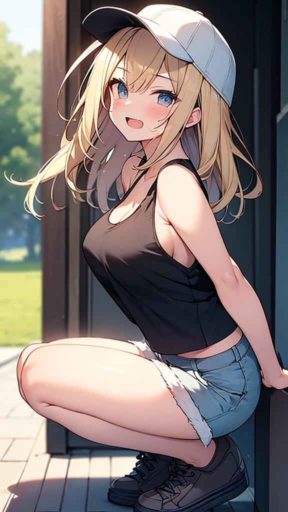 (Masterpiece, Top quality:1.5), 1 beautiful girl, squatting down, from side, Blonde, medium Hair, wavy Hair, asymmetry bangs, swept bangs, airy hair, large breasts:1.2, 16 year old, standard weight, (tank top, Shorts :1.3), baseball cap, smile:1.3, blush, beautiful scene of narrow Alley, blurry background, magnificent panorama view, blurry background, open mouth