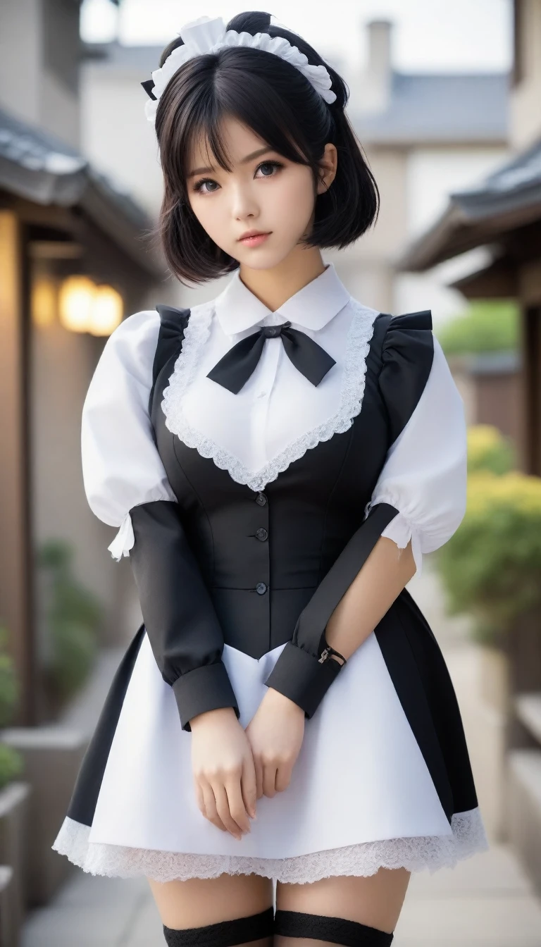 8k, Ultra-high resolution, Highest quality, masterpiece, 三分割法によるphotograph,Surreal, photograph, 1 Girl, (16 years old:1.3), pretty girl, Cute Face, Beautiful eyes in every detail, 細かくdetailedに,masterpiece,One Girl:1.2,Japanese female announcer,full body,Serious expression,Black short hair,Messy hair,Maid Android,((Fusion of Gothic Lolita and Lolita fashion:1.3)),bracelet, chest, choker, clavicle,Beautiful leg line beauty,Futuristic cityscape ,Perfect and beautiful face ,完璧でCute Face, Skin with attention to detail, Perfect limbs、Narrow waist,Looking at the audience,(((Ideal body type))),Aカップの小さなchest :2,Portraiture:2,Perfect Anatomy,鮮明なdetailed,detailed,Surreal,Light and shadow,spotlight