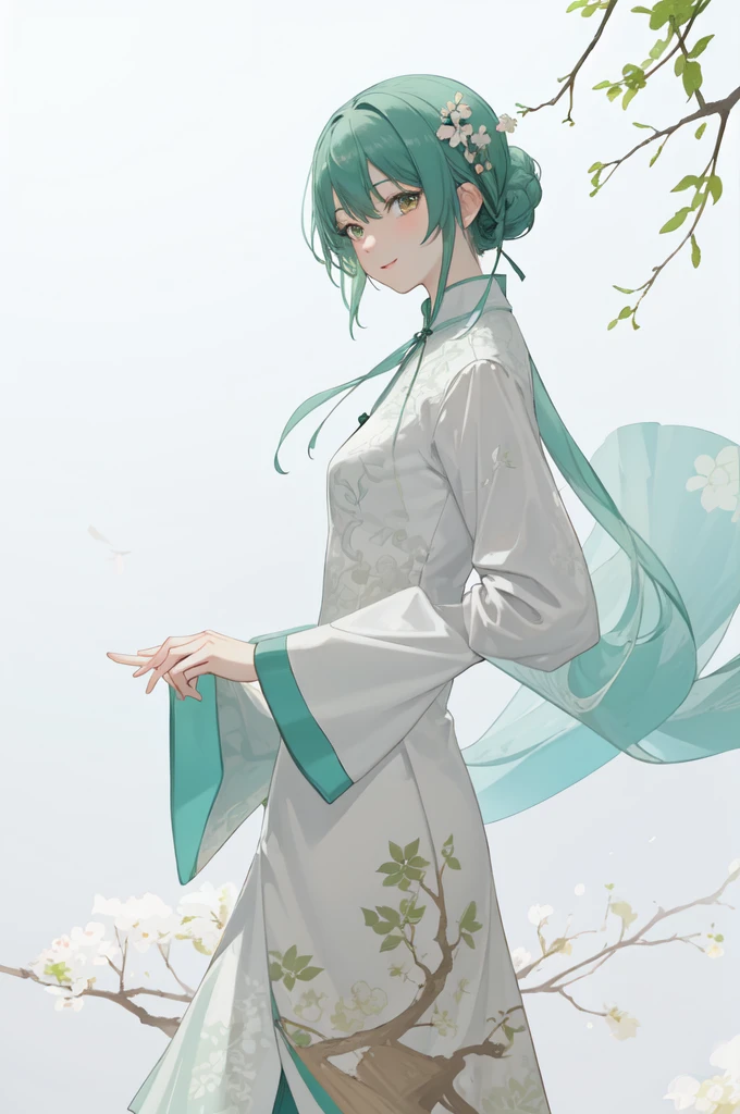 (green printed chinese upshirt),(white long skirt),upper body,shukezouma, negative space, shuimobysim , portrait of a woman standing , willow branches, (masterpiece, best quality:1.2), traditional chinese ink painting, modelshoot style, peaceful, (smile), looking at viewer, song, willow tree in background, wuchangshuo,