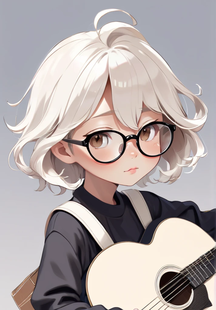 high resolution,best qualityer,naturals, 
Illustrator without black lines, black contour lines, or black line drawings, flat illustration e monocromática, coloring similar to foreign animation, Chibi character, アニメ, fluffly, full body illustration, Deformed illustration, black daughter, skin black, with glasses, sitting holding a guitar with white and brown as precious colors, flat illustration, Simpler, minimalism, White background, without bangs, slickedback hair, afro,, fleshy lips.