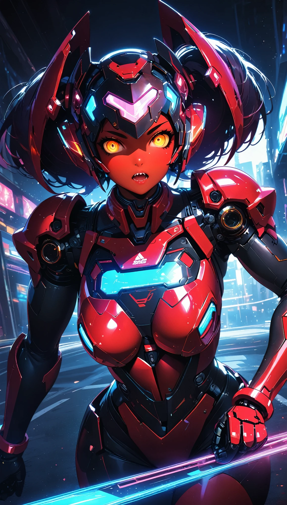 Mechanical girl, ((mechanical beauty:1.2)), Very detailedな, Detailed Mechanism, Smooth range of motion, Exposed mechanical joints, metal texture, Red body, Cyberframe, Natural Skin Exterior Parts, Glossy body,Female Curves, Artificial eye, Sharp front teeth, Red glowing eyes, cyber punk, On the road, dream-like, Surreal, Dramatic lighting, Science fiction, Cinematic composition, (Highest quality:1.2, Very detailed, Attention to detail, digital coloring, High Contrast, masterpiece:1.2, Highest quality, Best aesthetics),
