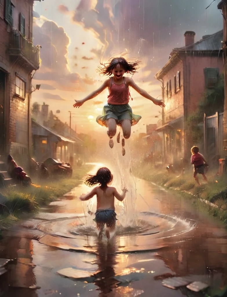 develop images of 3 children playing, jumping in pools of water in the rain, happy and smiling with a dog and girls with an incredible sunset.