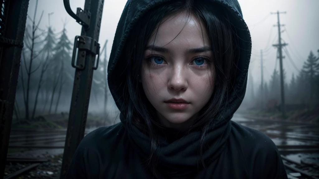 One woman, approximately 25 years old, in loose, lightweight black clothing, wearing a prominently visible balaclava, hanging by one hand from a rusted metal structure. She has striking blue eyes, adding to the eerie atmosphere. The background is randomly generated, adding an unpredictable element to the scene, with a sense of mystery and solitude. The woman's face and other visible parts of her body are rendered with maximum detail and high quality. The image evokes a suspenseful mood, with a close-up shot, shallow depth of field, and soft, diffused lighting. Dark atmosphere, with an element of randomness in the environment.