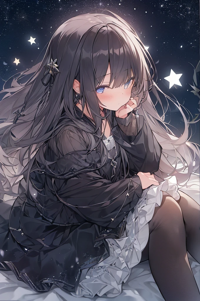 (Girl:1.4), alone, whole body, Sitting, Dynamic Angle, Flat Chest, frills, 3 years old, Long Hair, night, Starry Sky, dark, sleepy, I want to sleep, Covered breasts,shy, blush,大きなぬいぐるみを抱いているパジャマ姿のGirl, 