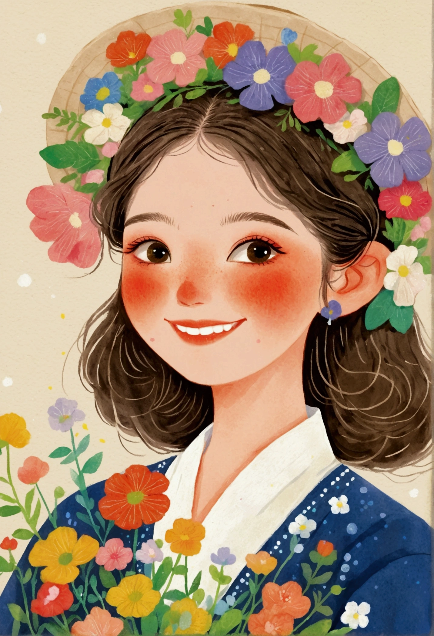 Portrait of a girl holding flowers,Laugh out loud,teeth, Folk Art, cute illustrations, Samada, Japanese illustrator,Lots of flowers, a beautiful artwork illustrations,Print!, beautiful digital illustrations, Nurses' Day,Nurse hat