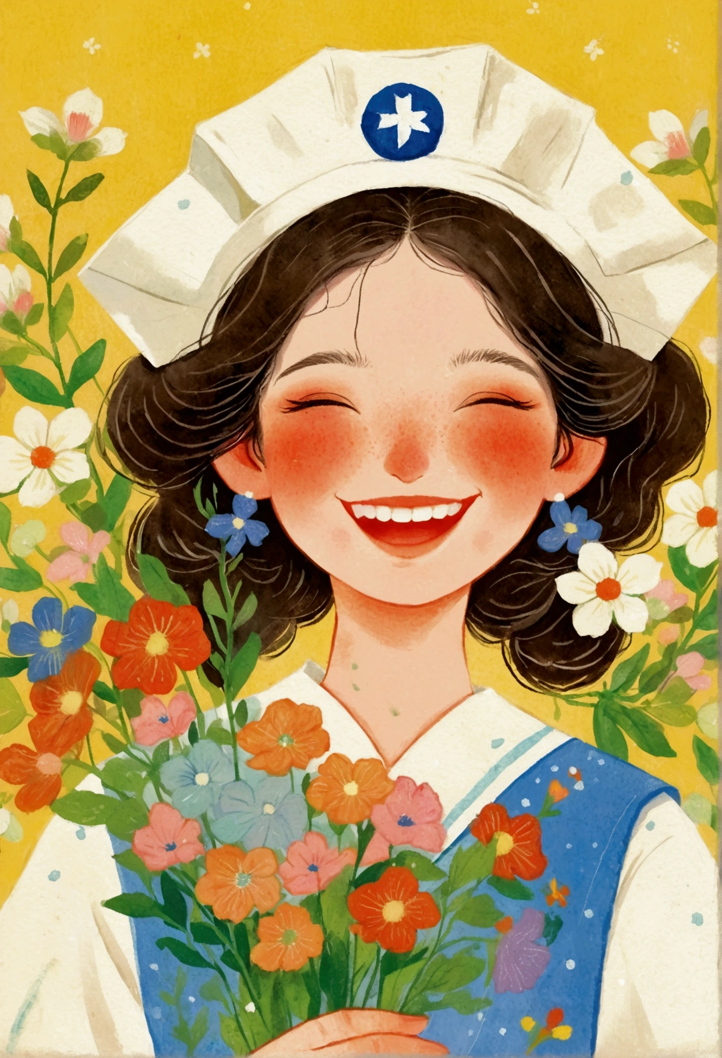 Portrait of a girl holding flowers，Laugh out loud，teeth， Folk Art, cute illustrations, Samada, Japanese illustrator,Lots of flowers, a beautiful artwork illustrations,Print!, beautiful digital illustrations, Nurses' Day，Nurse hat
