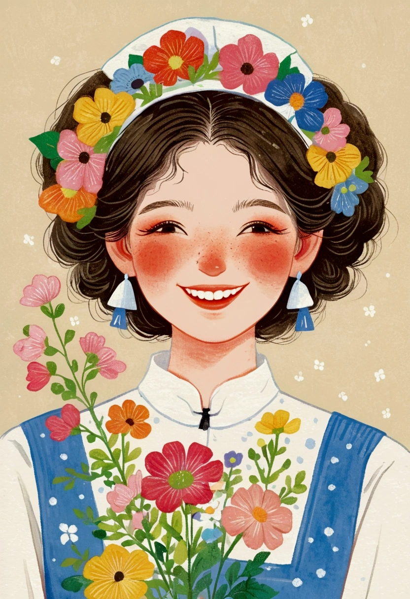 Portrait of a girl holding flowers，Laugh out loud，teeth， Folk Art, cute illustrations, Samada, Japanese illustrator,Lots of flowers, a beautiful artwork illustrations,Print!, beautiful digital illustrations, Nurses' Day，Nurse hat
