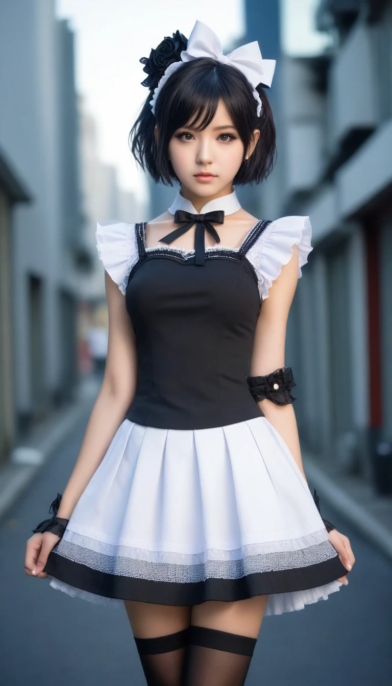 8k, Ultra-high resolution, Highest quality, masterpiece, 三分割法によるphotograph,Surreal, photograph, 1 Girl, (16 years old:1.3), pretty girl, Cute Face, Beautiful eyes in every detail, 細かくdetailedに,masterpiece,One Girl:1.2,Japanese female announcer,full body,Serious expression,Black short hair,Messy hair,Maid Android,((Fusion of Gothic Lolita and Lolita fashion:1.3)),Pencil Skirt,bracelet, chest, choker, clavicle,Beautiful leg line beauty,Futuristic cityscape ,Perfect and beautiful face ,完璧でCute Face, Skin with attention to detail, Perfect limbs、Narrow waist,Looking at the audience,(((Ideal body type))),Aカップの小さなchest :2,Portraiture:2,Perfect Anatomy,鮮明なdetailed,detailed,Surreal,Light and shadow,spotlight