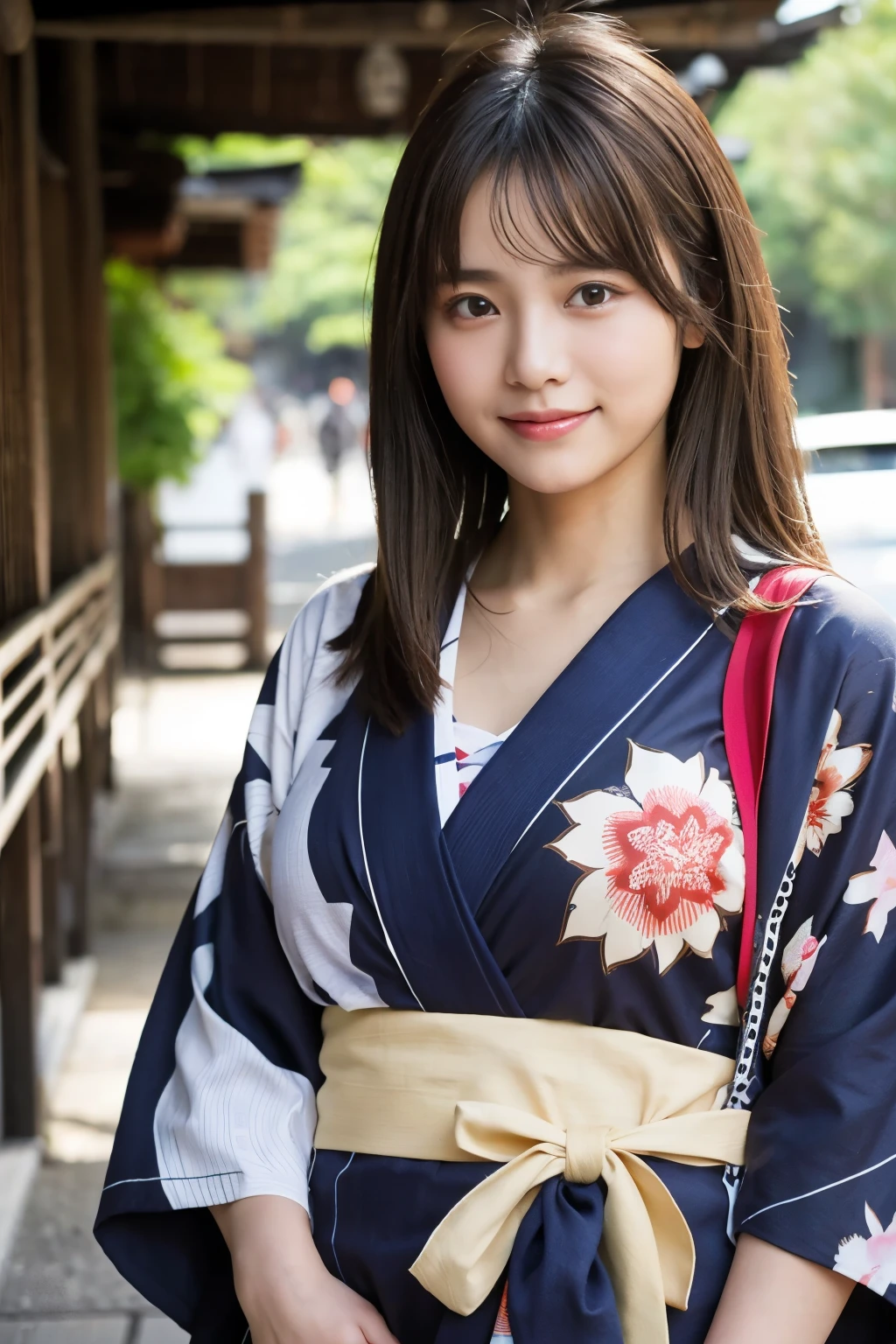 Highest quality、超A high resolution、(Photorealistic:1.5)、1 girl、(Brown Hair:1.2)、(Big Breasts:1.2)、Whole Body Ezbian、smile、Bad Eyes、(Girl in yukata with hair swaying in the wind :1.3)、Perfect dynamic composition, Beautiful attention to detail, Medium Hair, Natural color lip, smile, Kyoto Street Walk、20-year-old girl, Beautiful woman, Japanese patterned yukata
