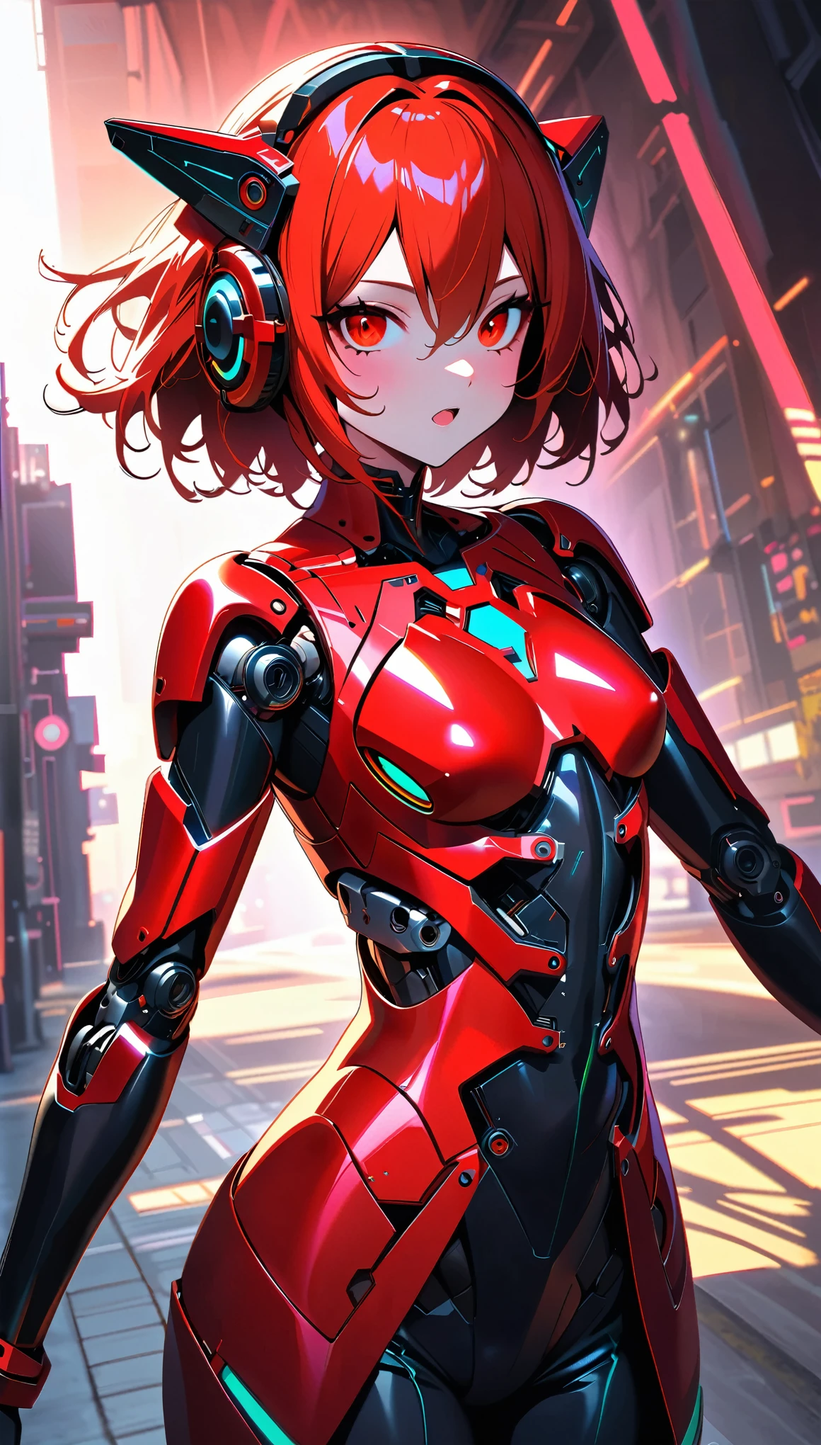 Mechanical girl, ((mechanical beauty:1.2)), Very detailedな, Detailed Mechanism, Smooth range of motion, Exposed mechanical joints, metal texture, Red body, Cyberframe, Natural Skin Exterior Parts, Glossy body,Female Curves, Artificial eye, Sharp front teeth, Red glowing eyes, cyber punk, On the road, dream-like, Surreal, Dramatic lighting, Science fiction, Cinematic composition, (Highest quality:1.2, Very detailed, Attention to detail, digital coloring, High Contrast, masterpiece:1.2, Highest quality, Best aesthetics),