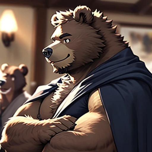 a scene of, Depth of Field, Motion Blur, absurd, Looking at the audience, (best quality), (masterpiece), (Extremely detailed), Clear focus, personal, Eye contact, Black eyes, hairy, Solitary, light white fur, Brown fur, black beard, Close-up face, Profile picture, Cross your arms, Blink, Smile, anthropology (Bear), male, (Bear), middle aged, muscular,There is a little beer belly,Naked except for a cape,big