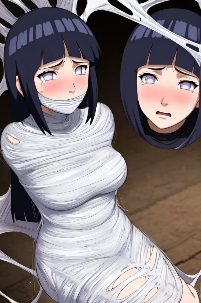 masterpiece, best quality, 1girl, solo, looking at viewer, hinata\(shippuden\), length hair, messy hair,hair detailed, large breasts , breasts out, (arms behind back:1.4), hanging,spiders in the web,long spider, Hinata, desperate,mouth gagged, silk gagged, struggle, entangled, scared face, crying, tears, despair,cocoon, blushing face, full body